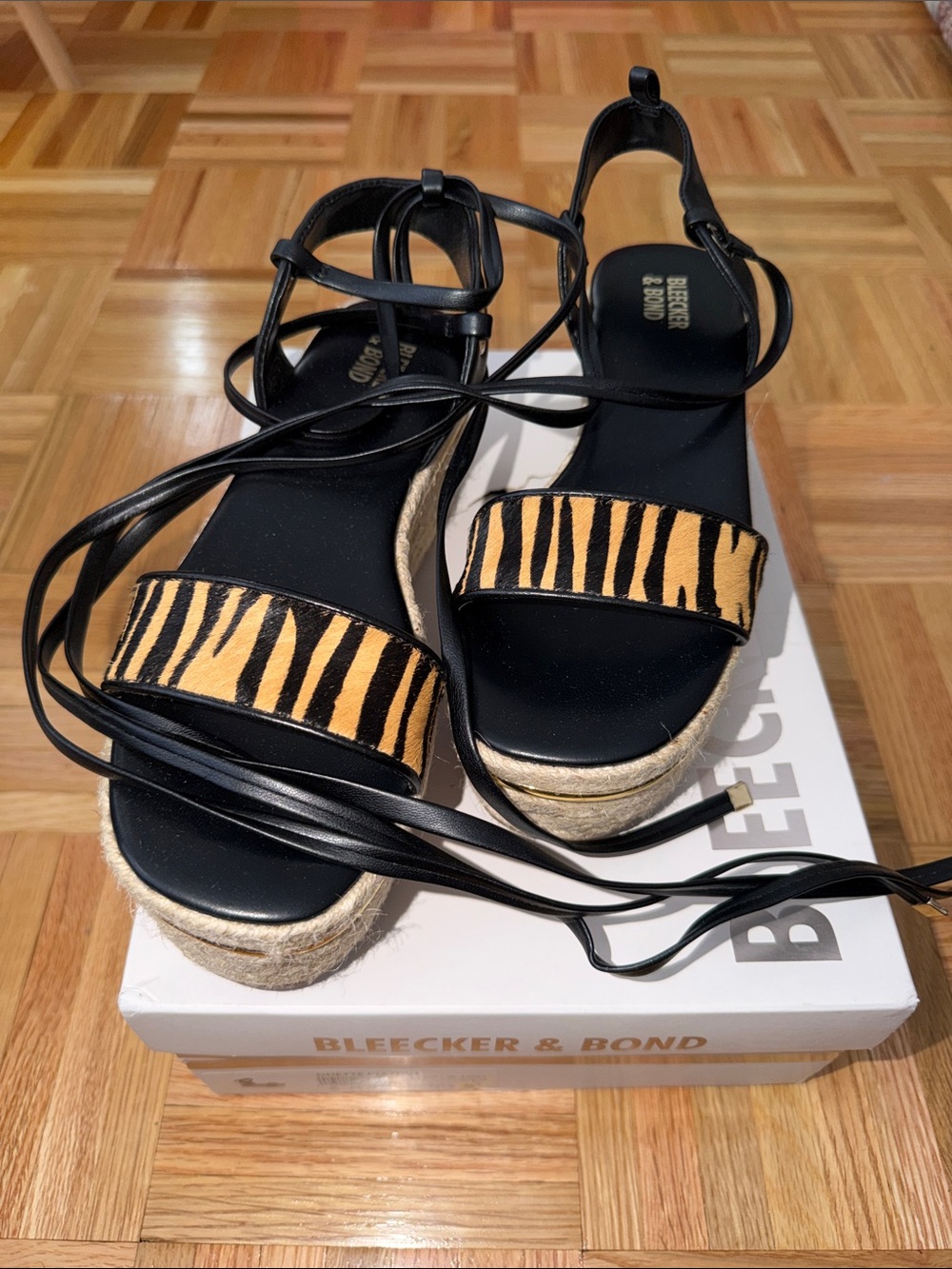 Bleecker & Bond Black Espadrille Wedge Sandals with Tiger-Print Strap